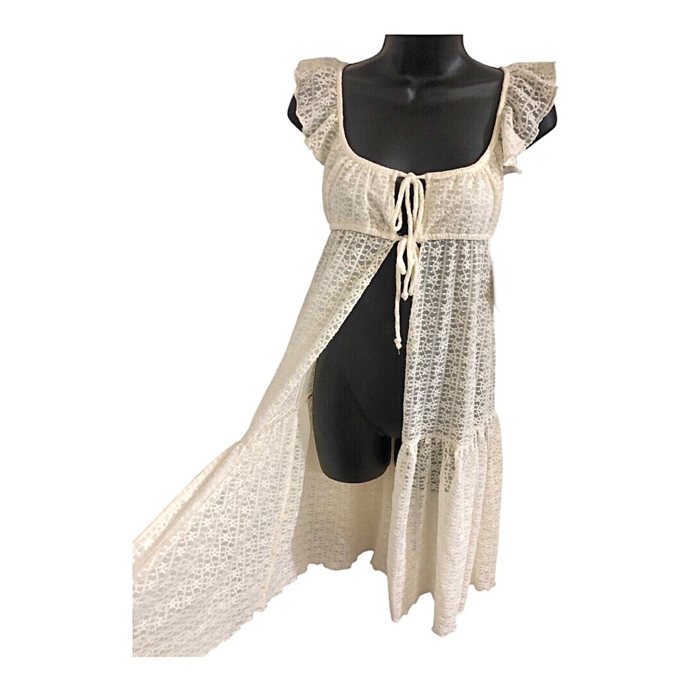Cream lacey ruffled sleeve bust tie romantic cardigan whimsy duster top size XS